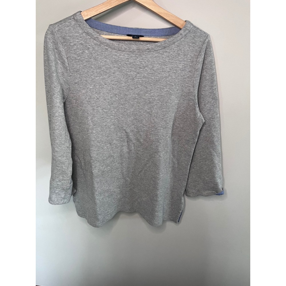Nautica Womens Gray Boatneck 3/4 Sleeve Cotton Top Chambray Trim L 1127283